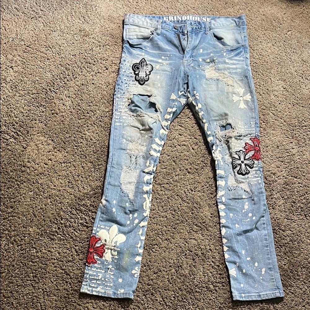 Embroidered Distressed Jeans with Floral Accents
